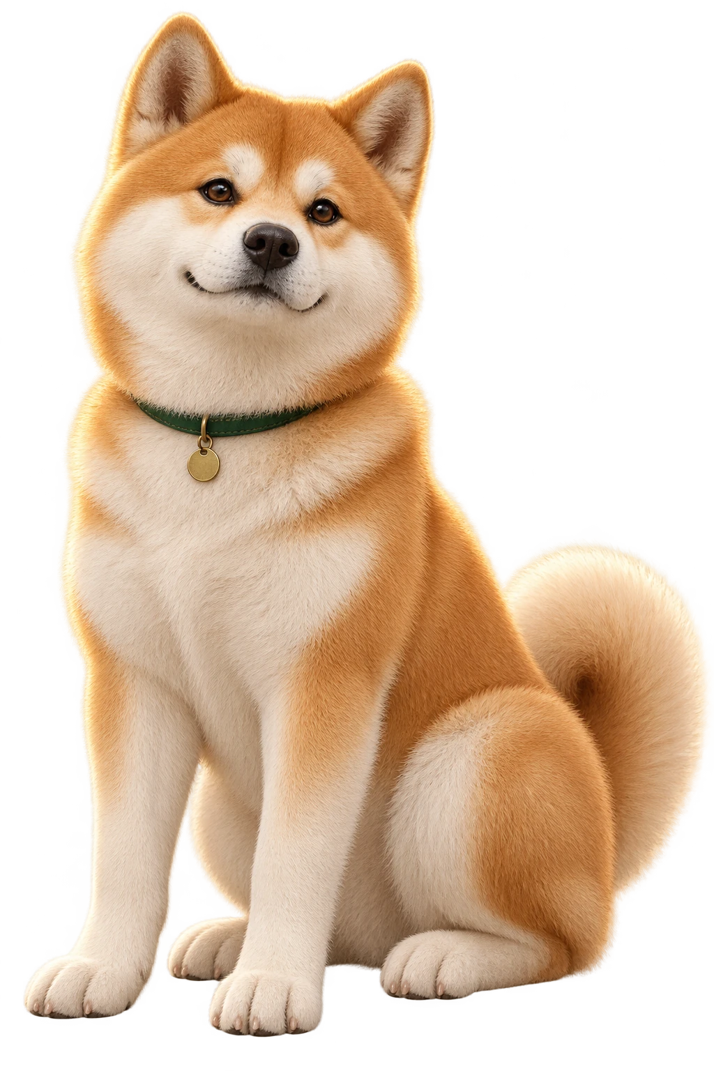 緑の首輪をつけて座る、ふわふわの秋田犬ハチ公